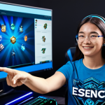 **

A fully clothed League of Legends player (gender neutral), enthusiastically pointing at a computer screen displaying the Essence Emporium in the LOL client. The Emporium is showing limited-edition Chroma skins available for purchase with Blue Essence. The player is wearing a modest gaming t-shirt. Background shows a clean, modern gaming setup. Safe for work, appropriate content, family-friendly, perfect anatomy, correct proportions, natural pose, well-formed hands, proper finger count, professional, high quality.

**